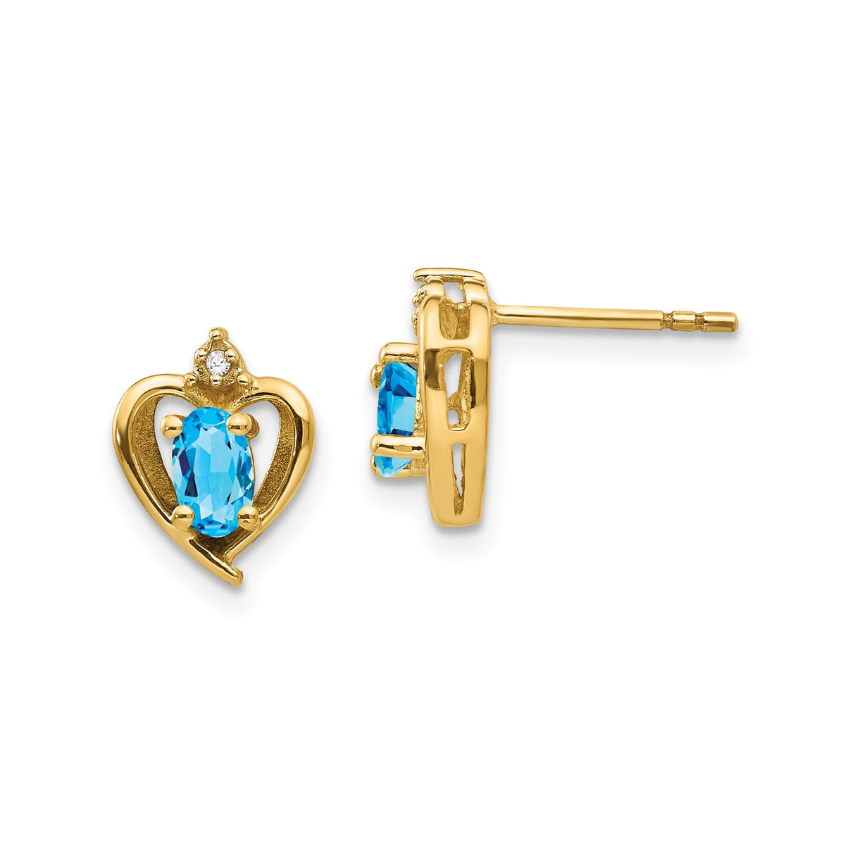 14k Yellow Gold Heart Stud Earrings with Swiss Blue Topaz and Diamond Accents, Crown Motif Design