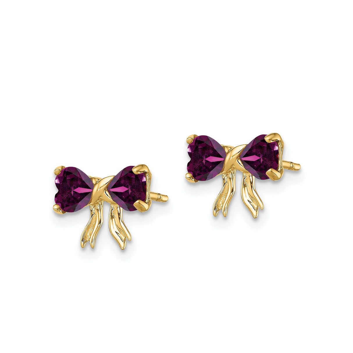 14k Yellow Gold Bow Stud Earrings with Heart-Shaped Rhodolite Garnet, Feminine Dainty Design