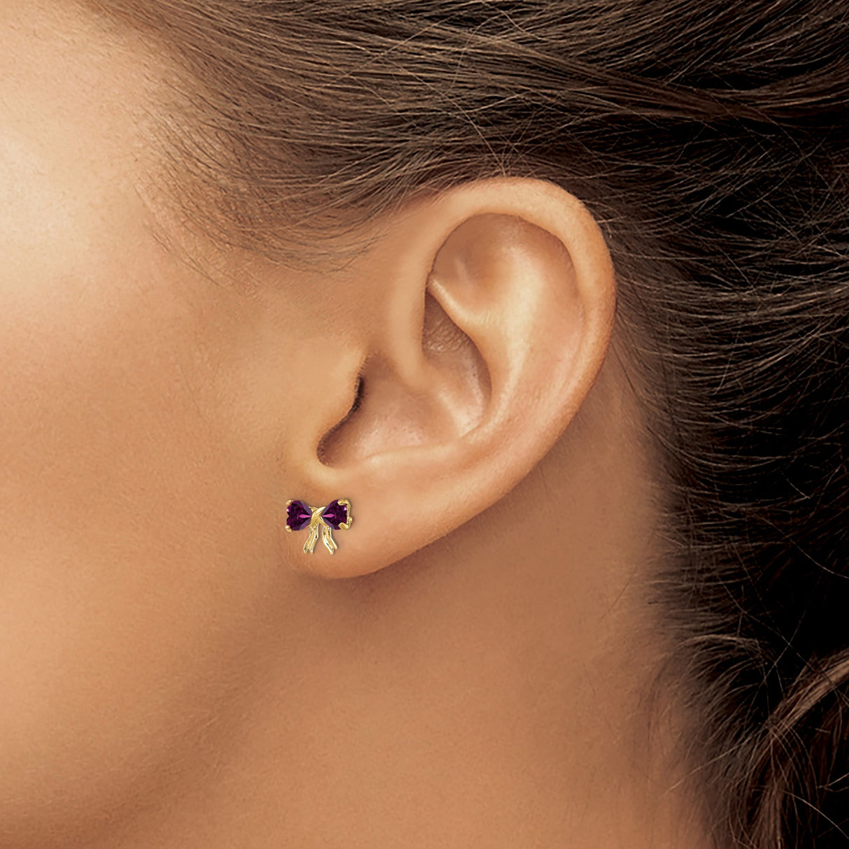 14k Yellow Gold Bow Stud Earrings with Heart-Shaped Rhodolite Garnet, Feminine Dainty Design