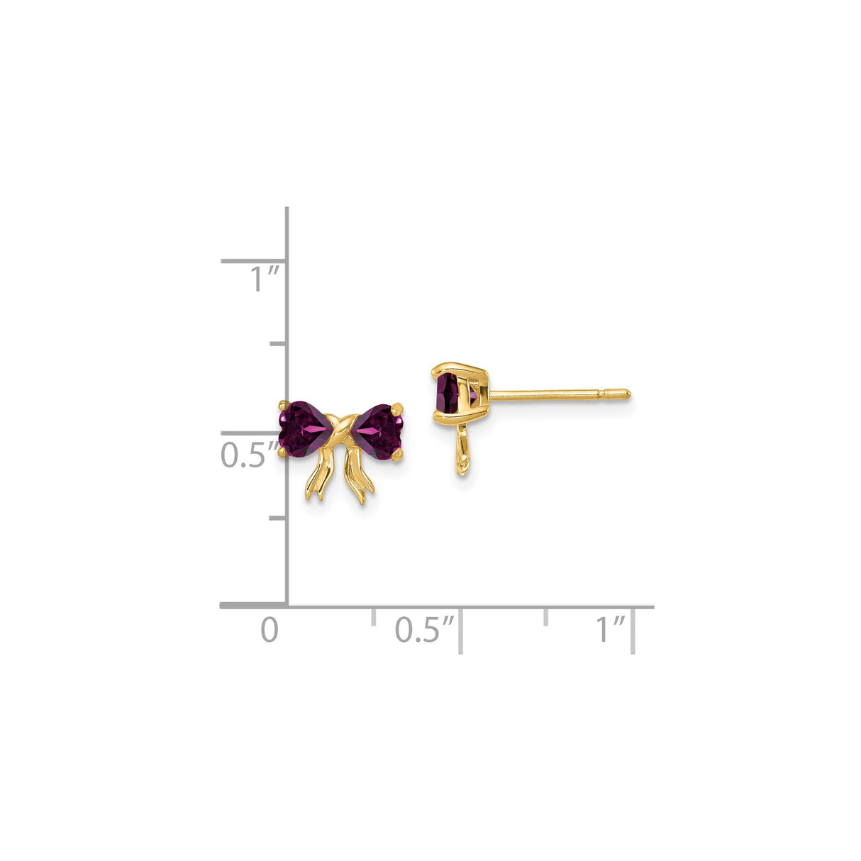 14k Yellow Gold Bow Stud Earrings with Heart-Shaped Rhodolite Garnet, Feminine Dainty Design
