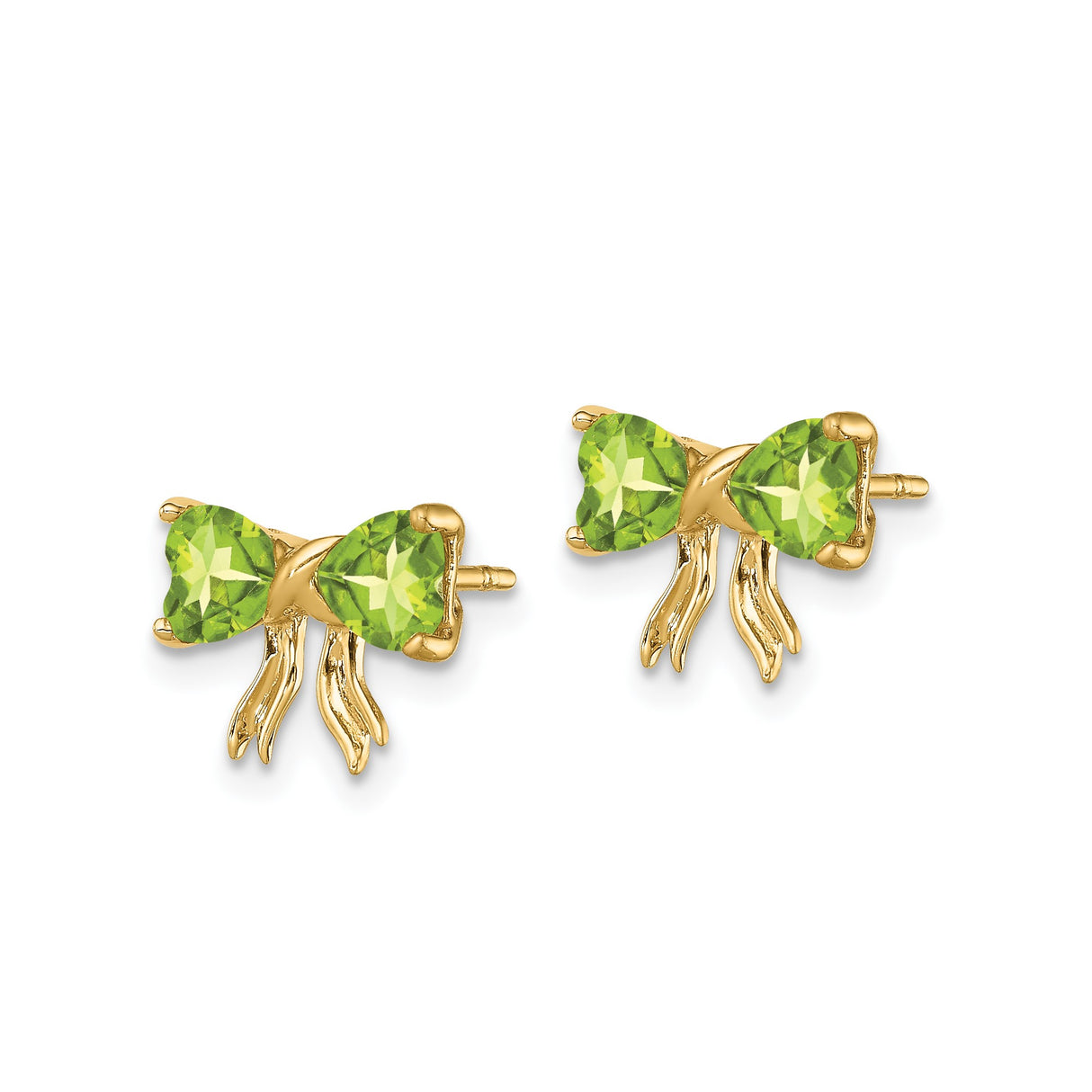 14k Yellow Gold Bow Stud Earrings with Heart-Shaped Peridot Gemstones for Women
