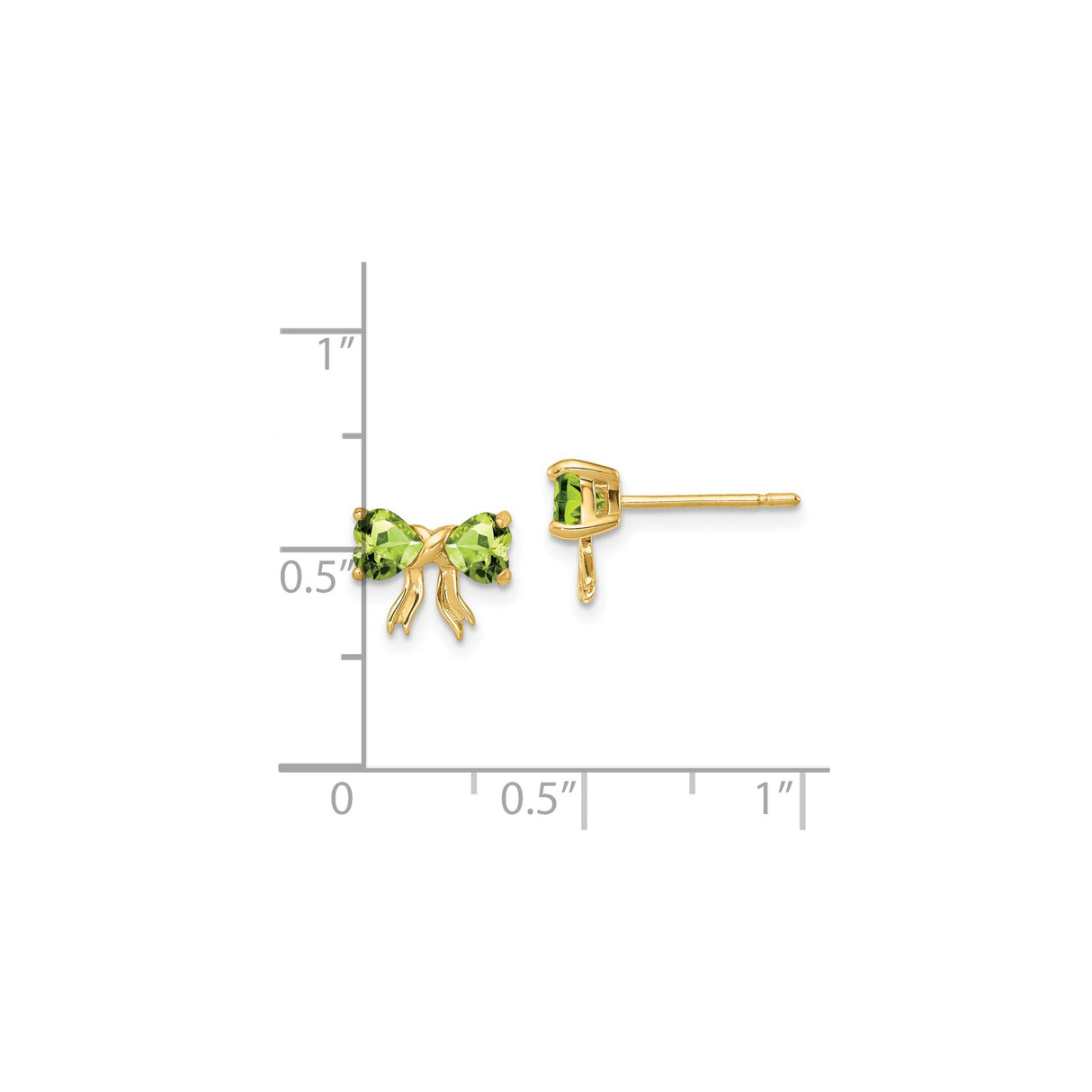 14k Yellow Gold Bow Stud Earrings with Heart-Shaped Peridot Gemstones for Women