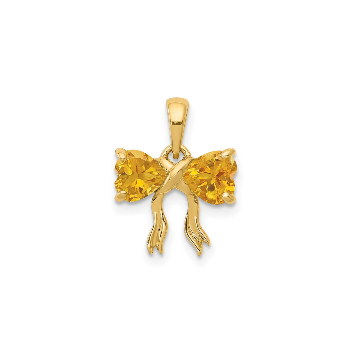 14k Yellow Gold Bow Pendant with Heart-Shaped Citrine Gemstones, Romantic Design