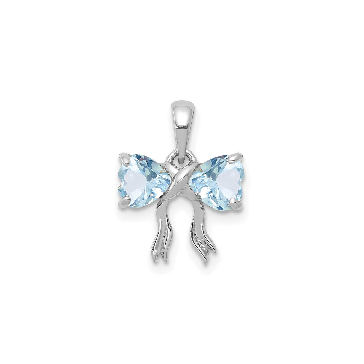 14k White Gold Pendant with Aquamarine Heart Gemstones and Butterfly Ribbon Design