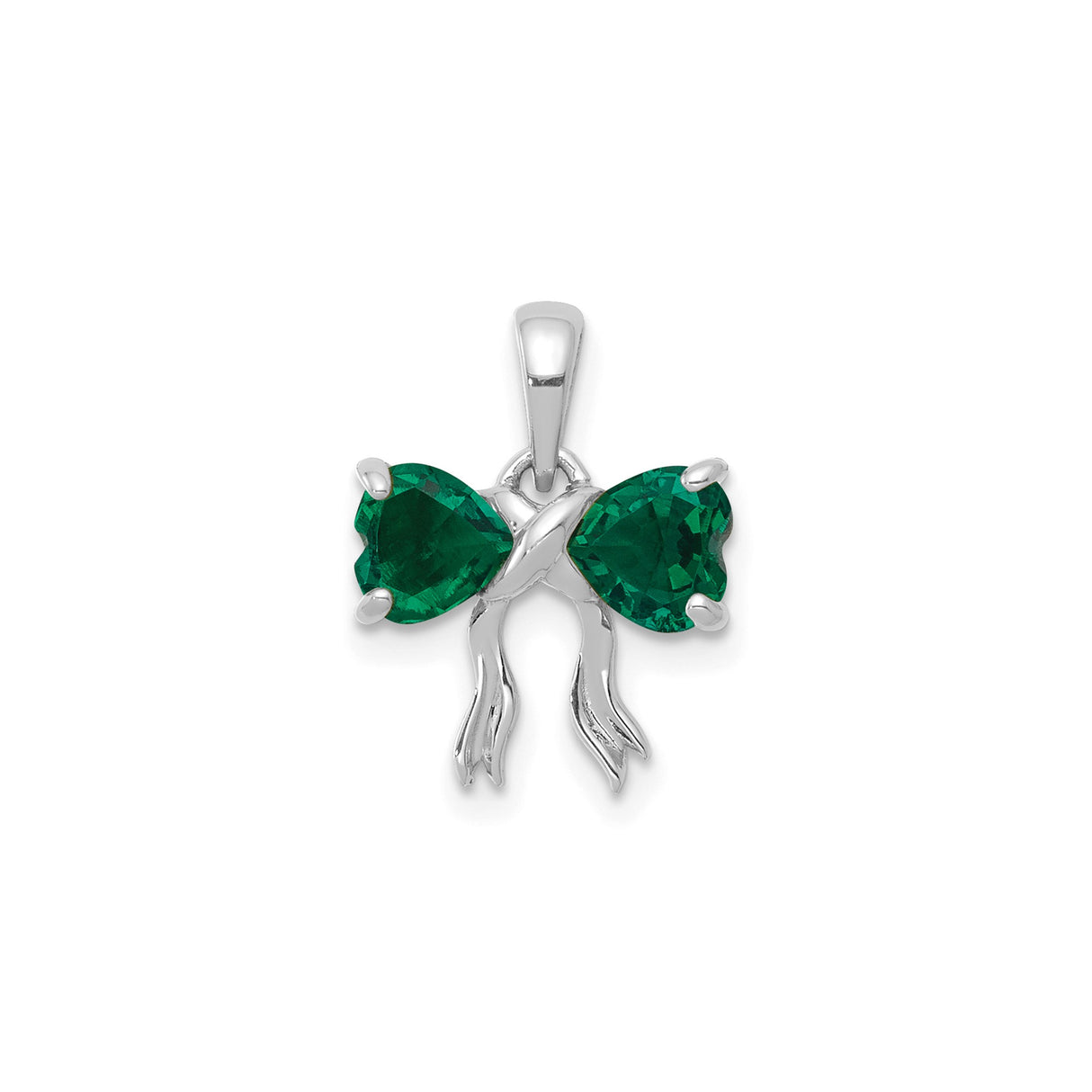 14k White Gold Pendant with Created Emerald, Double Heart Ribbon Design