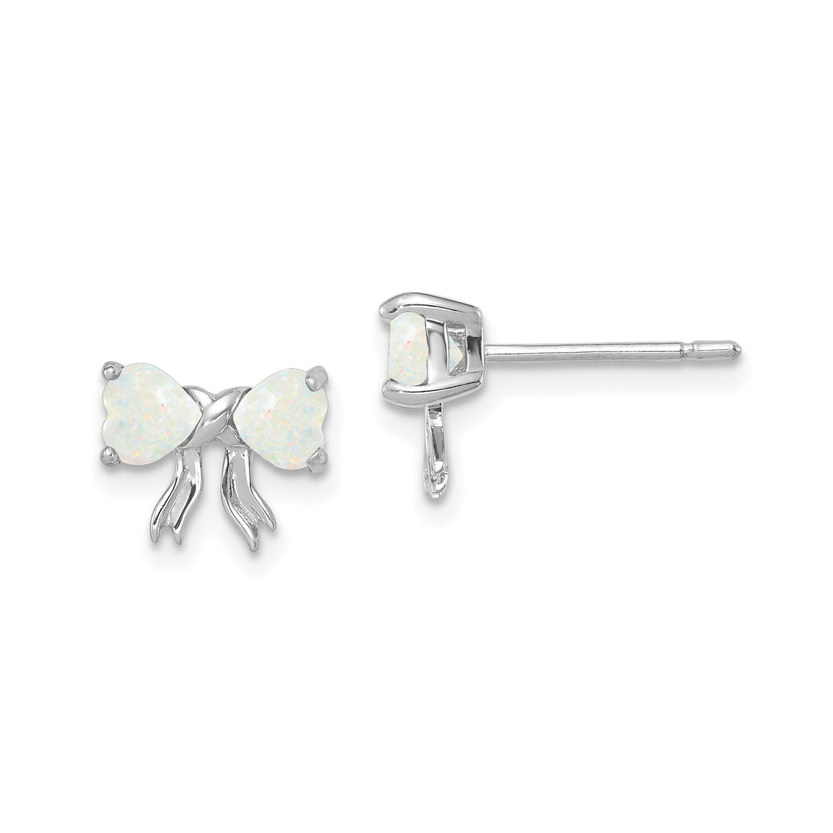 14k White Gold Bow Stud Earrings with Heart Shaped Created Opal Stones for Women