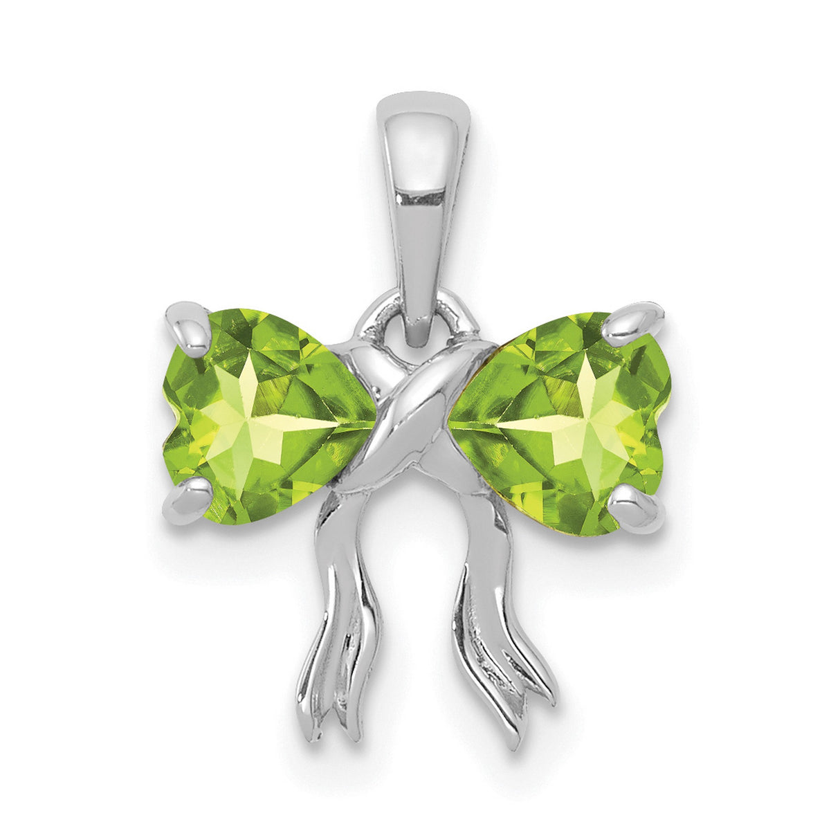 14k White Gold Pendant with Heart-Shaped Peridot Gemstones and Ribbon Design