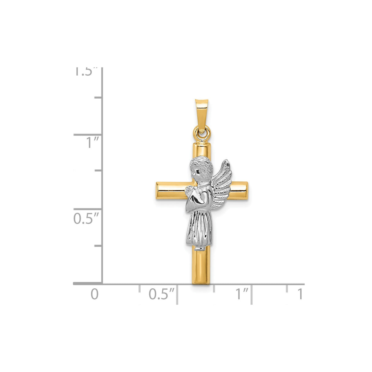 14k Two-Tone Gold Cross Pendant with Praying Angel in White Gold, Christian Faith Jewelry