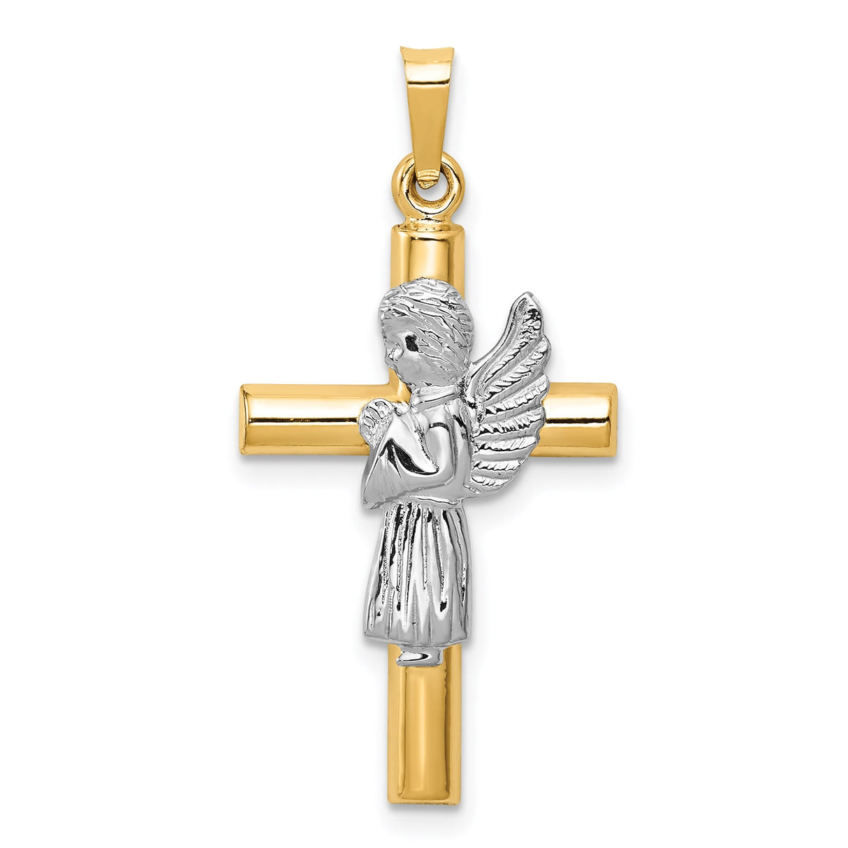 14k Two-Tone Gold Cross Pendant with Praying Angel in White Gold, Christian Faith Jewelry