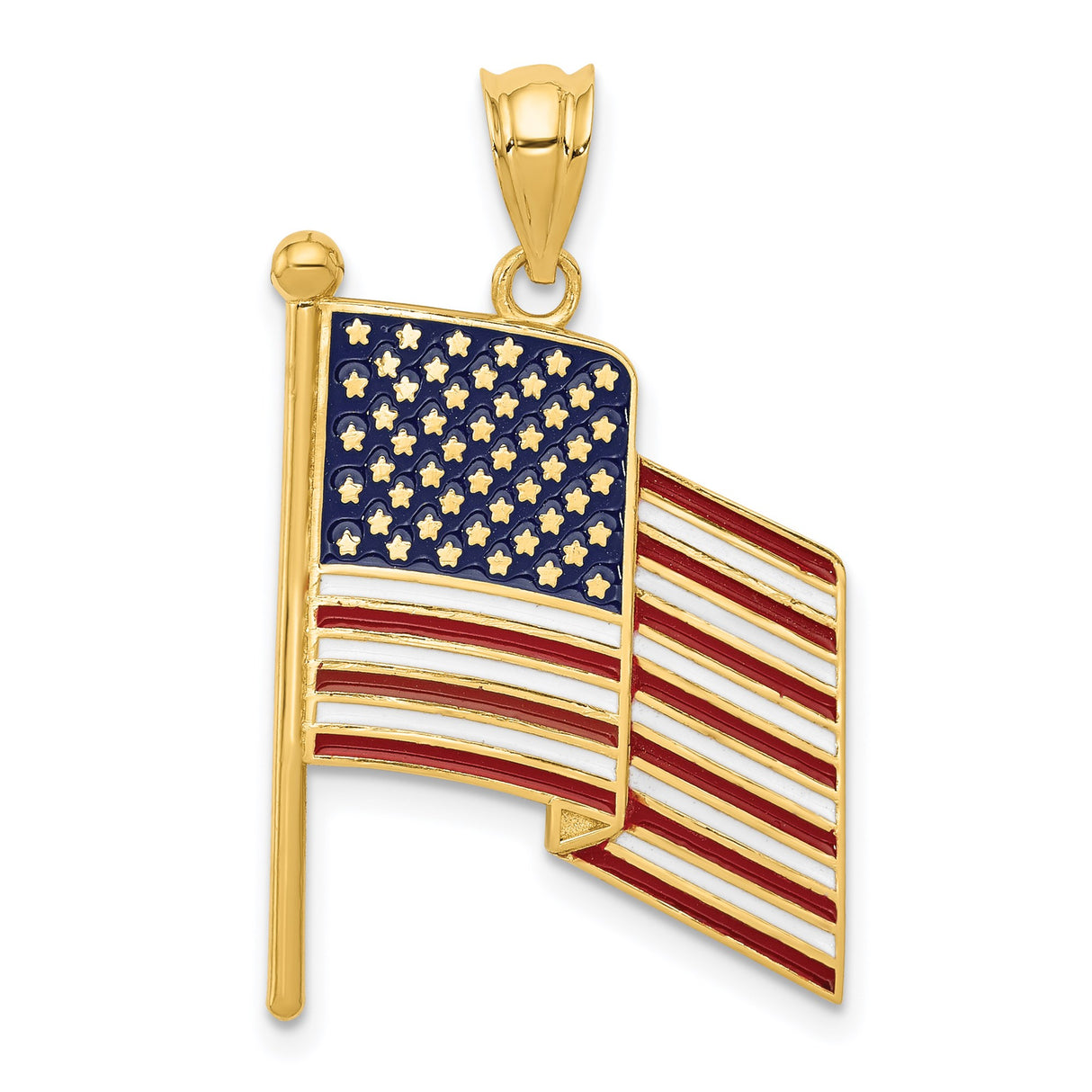 14k Yellow Gold American Flag Pendant with Red White Blue Enamel, Patriotic USA Charm