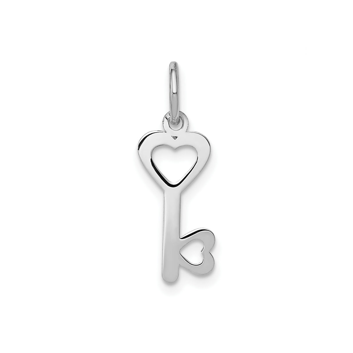 14k White Gold Heart Key Pendant with Two Heart Cutouts, Romantic Minimalist Charm for Women