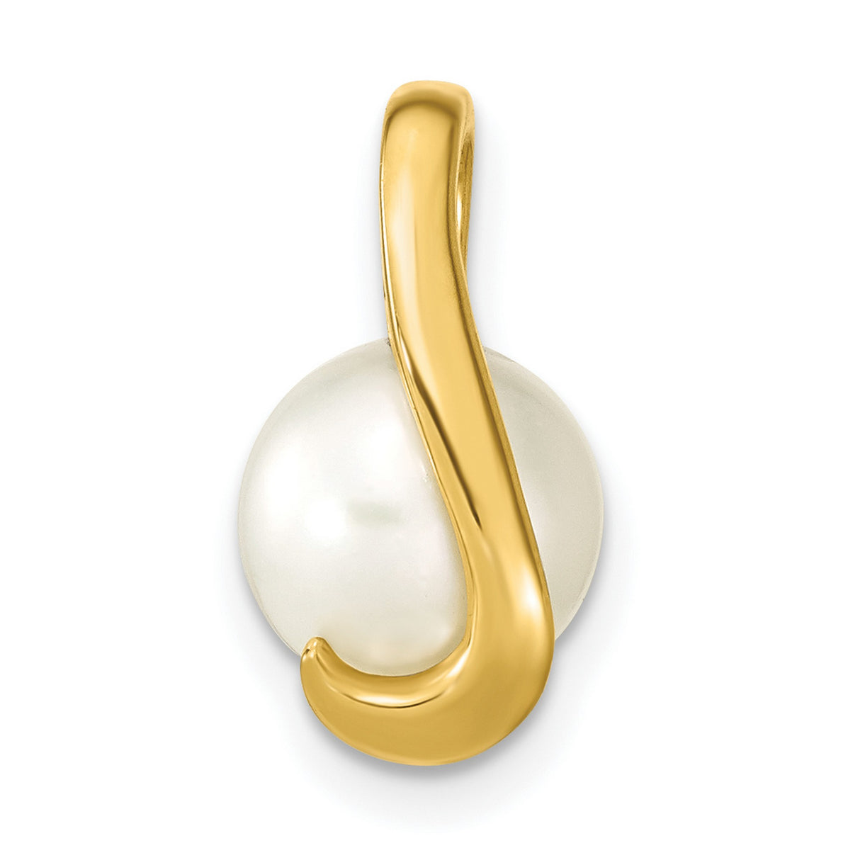14k Yellow Gold Pendant with White Cultured Pearl, Modern Curved Design for Women
