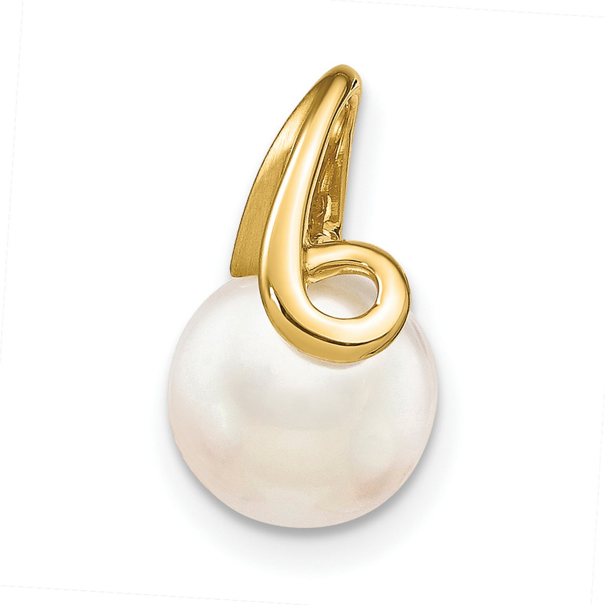 14k Yellow Gold Pendant with White Button Cultured Pearl, Modern Swirl Design