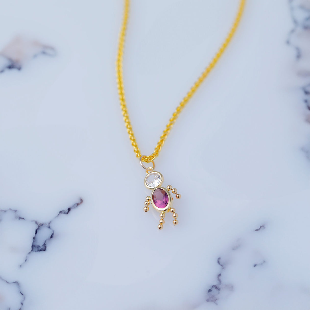 14k Yellow Gold Figure Pendant with Synthetic Birthstone and Cubic Zirconia, Kid Silhouette Design