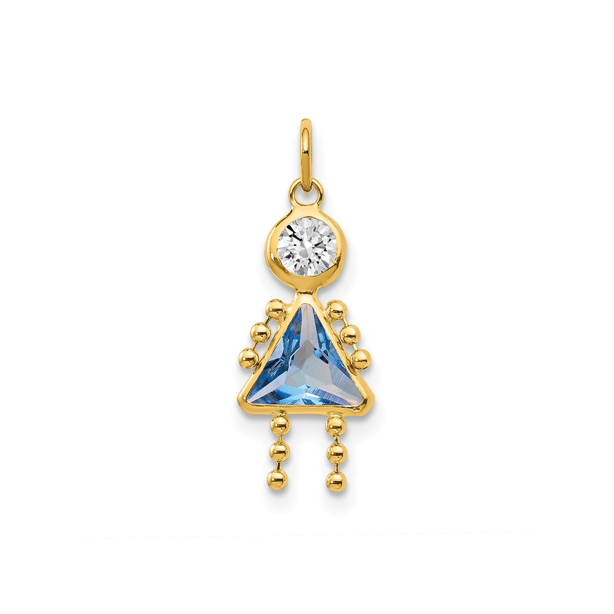 14k Yellow Gold Girl Pendant with Synthetic Birthstone Dress and Cubic Zirconia Head Charm