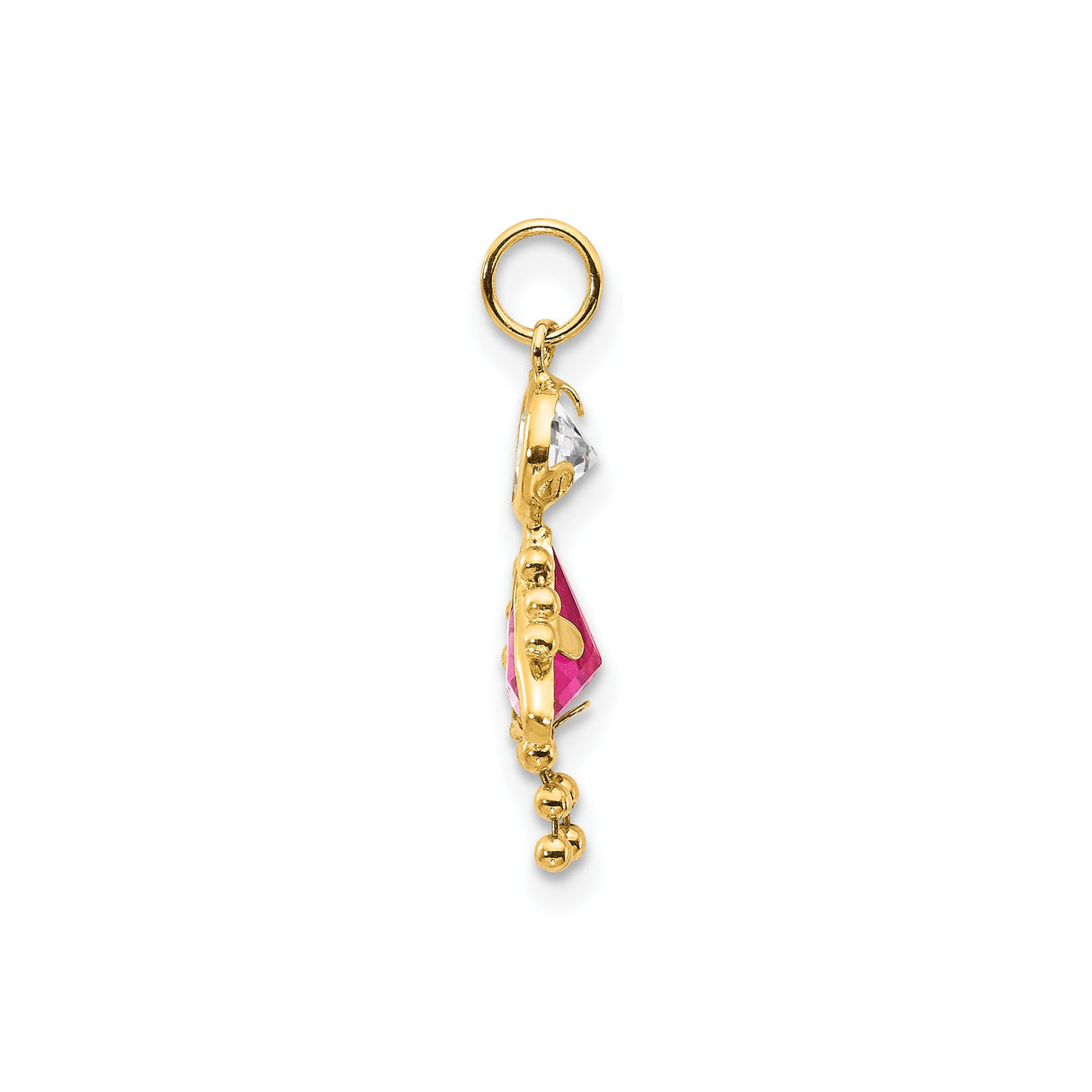 14k Yellow Gold Girl Pendant with Pink Triangle Synthetic Birthstone and Cubic Zirconia