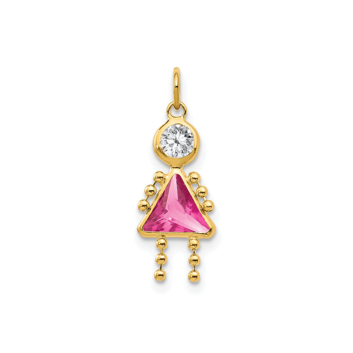 14k Yellow Gold Girl Pendant with Pink Triangle Synthetic Birthstone and Cubic Zirconia