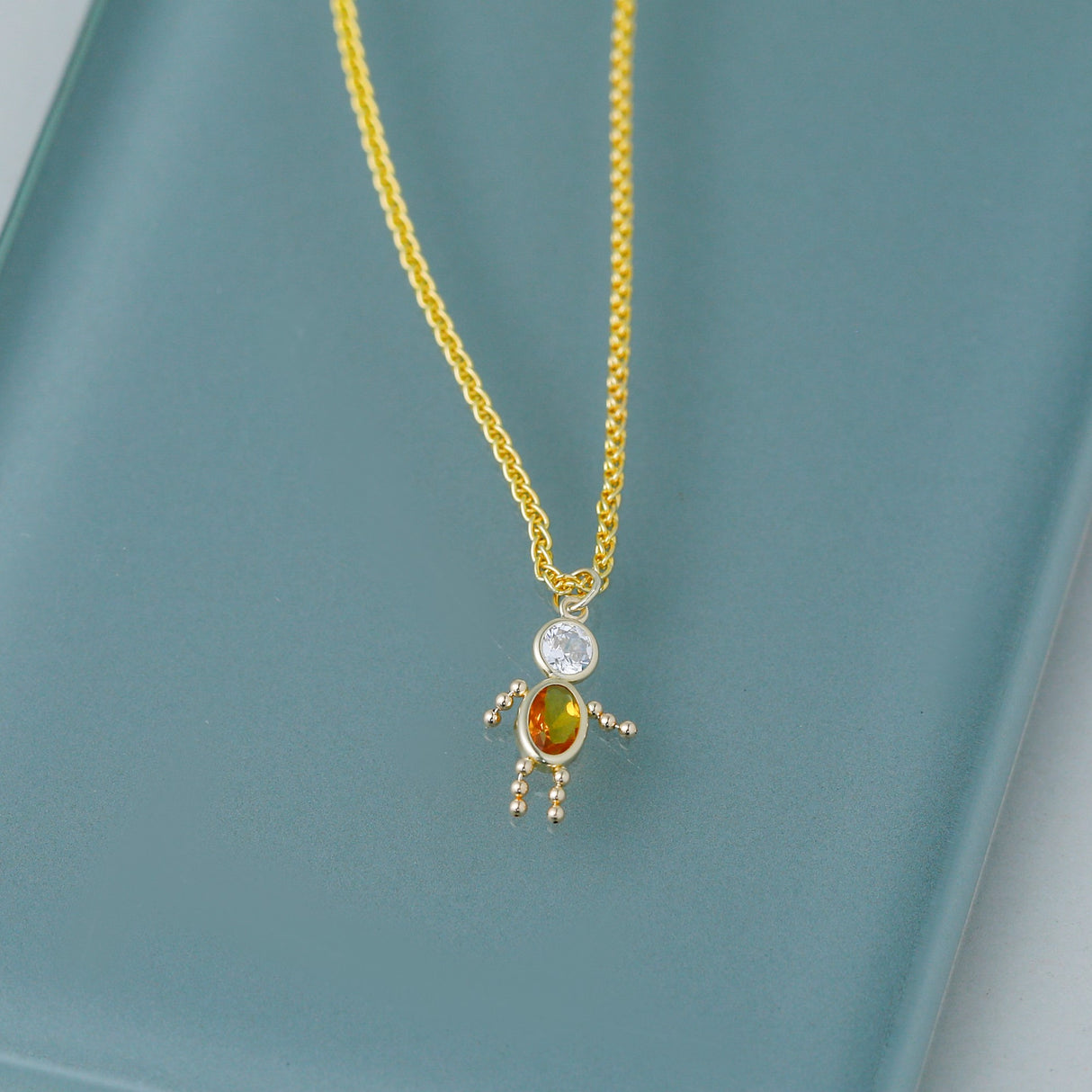 14k Yellow Gold Boy Pendant with Synthetic Citrine, Cubic Zirconia, Sentimental Family Charm