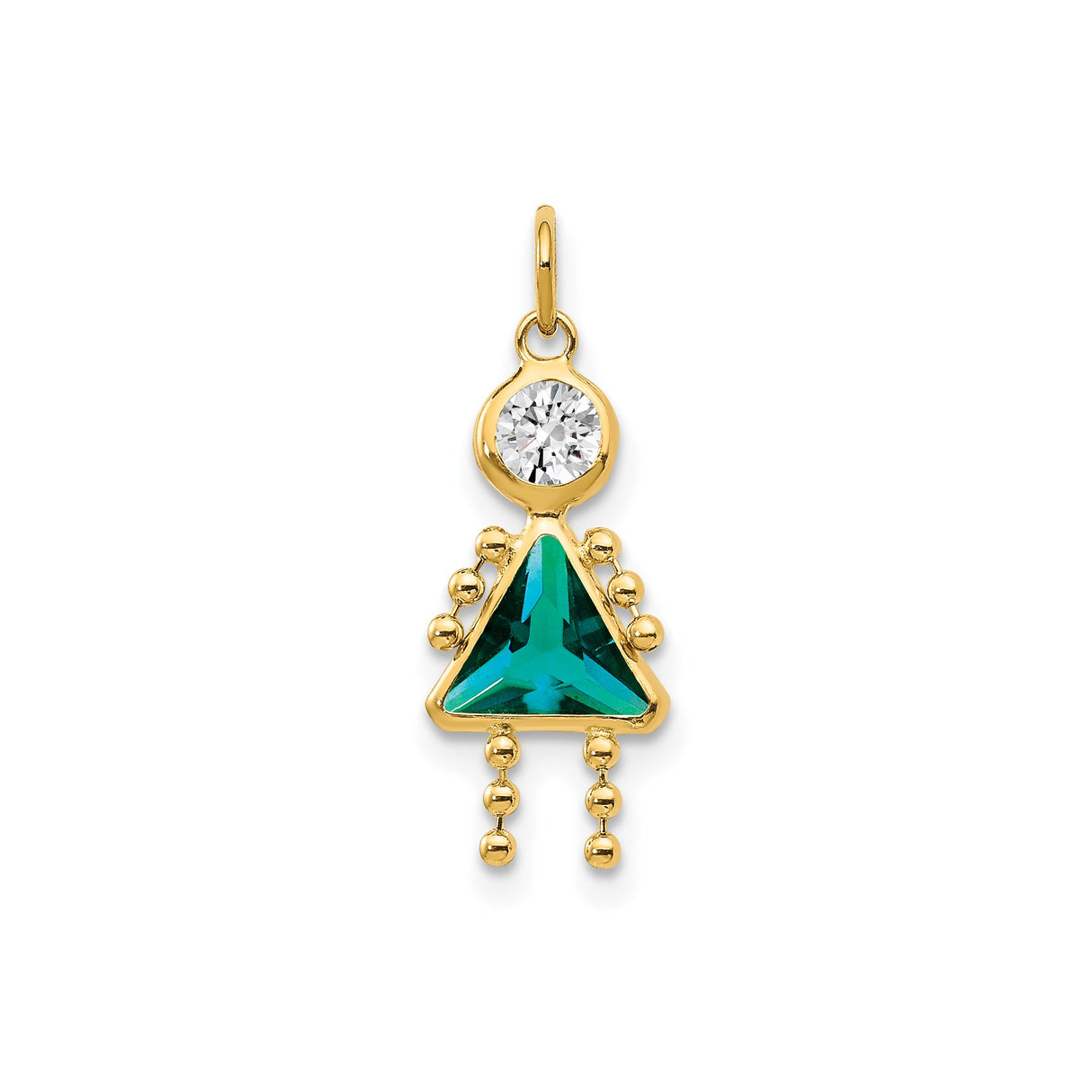 14k Yellow Gold Girl Pendant with Synthetic Green Triangle Dress and Cubic Zirconia Head