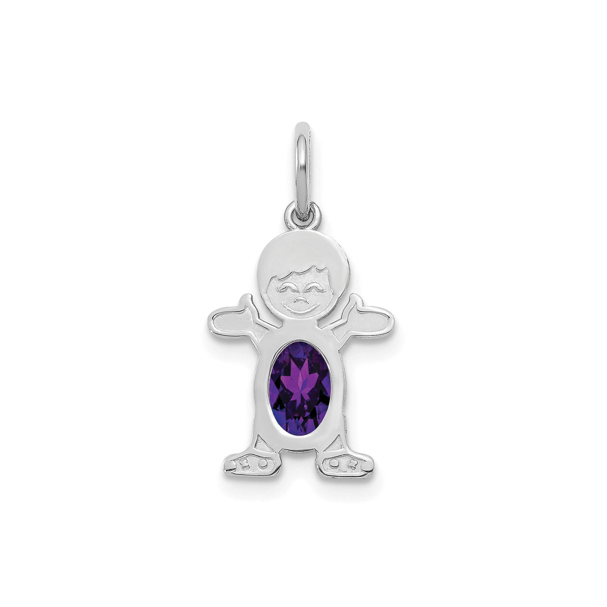 14k White Gold Boy Charm Pendant with Faceted Oval Amethyst, Birthstone Keepsake Jewelry