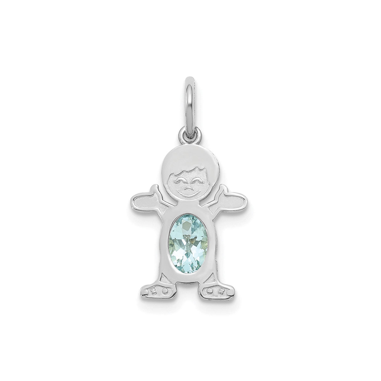 14k White Gold Boy Charm Pendant with Oval Aquamarine, March Birthstone, Smiling Figure Design