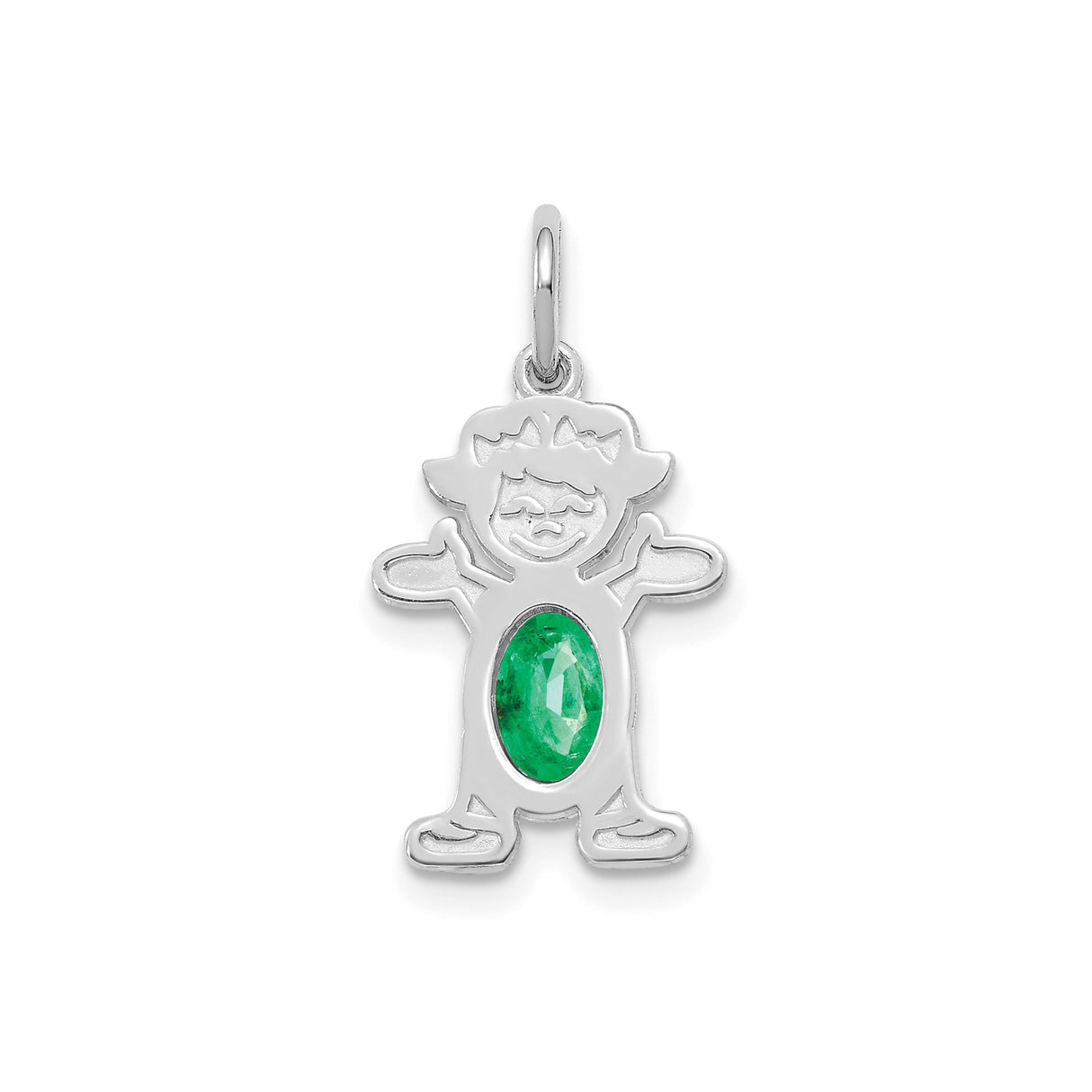 14k White Gold Girl Charm Pendant with Green Emerald, Motherhood Figurine Style Jewelry