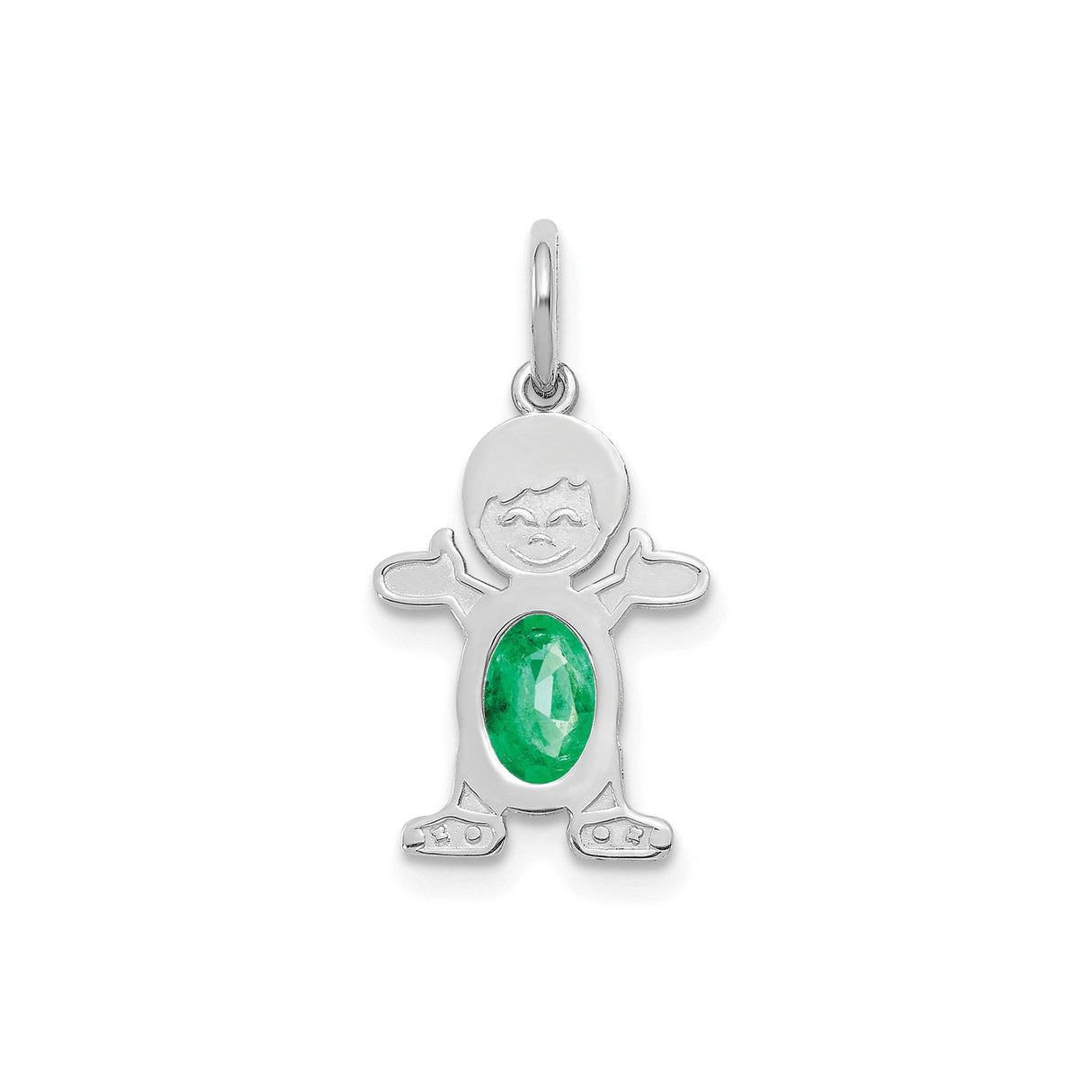 14k White Gold Boy Pendant with Oval Emerald, May Birthstone Family Charm
