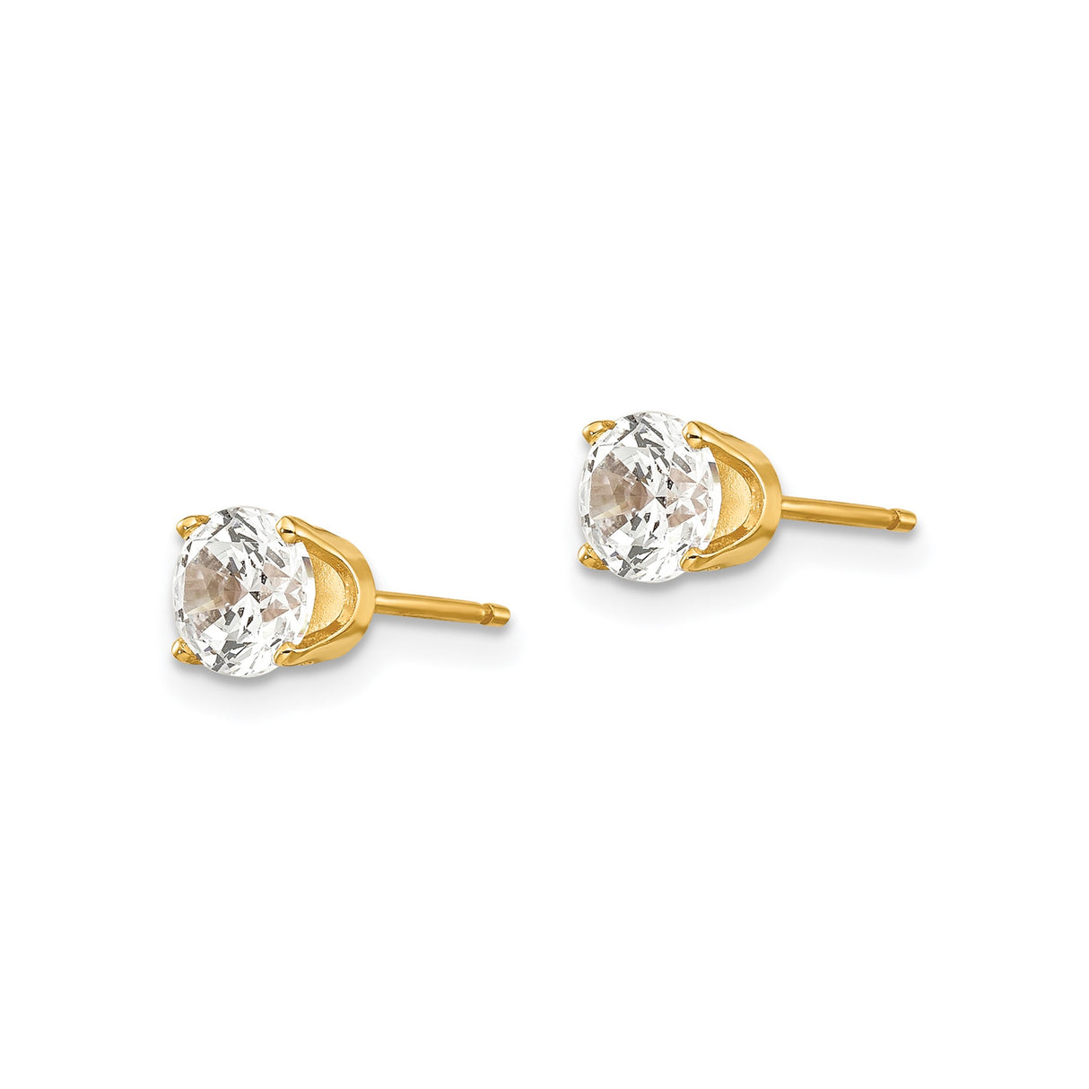 14k Yellow Gold Stud Earrings with Round Cubic Zirconia, Solitaire Four-Prong Setting