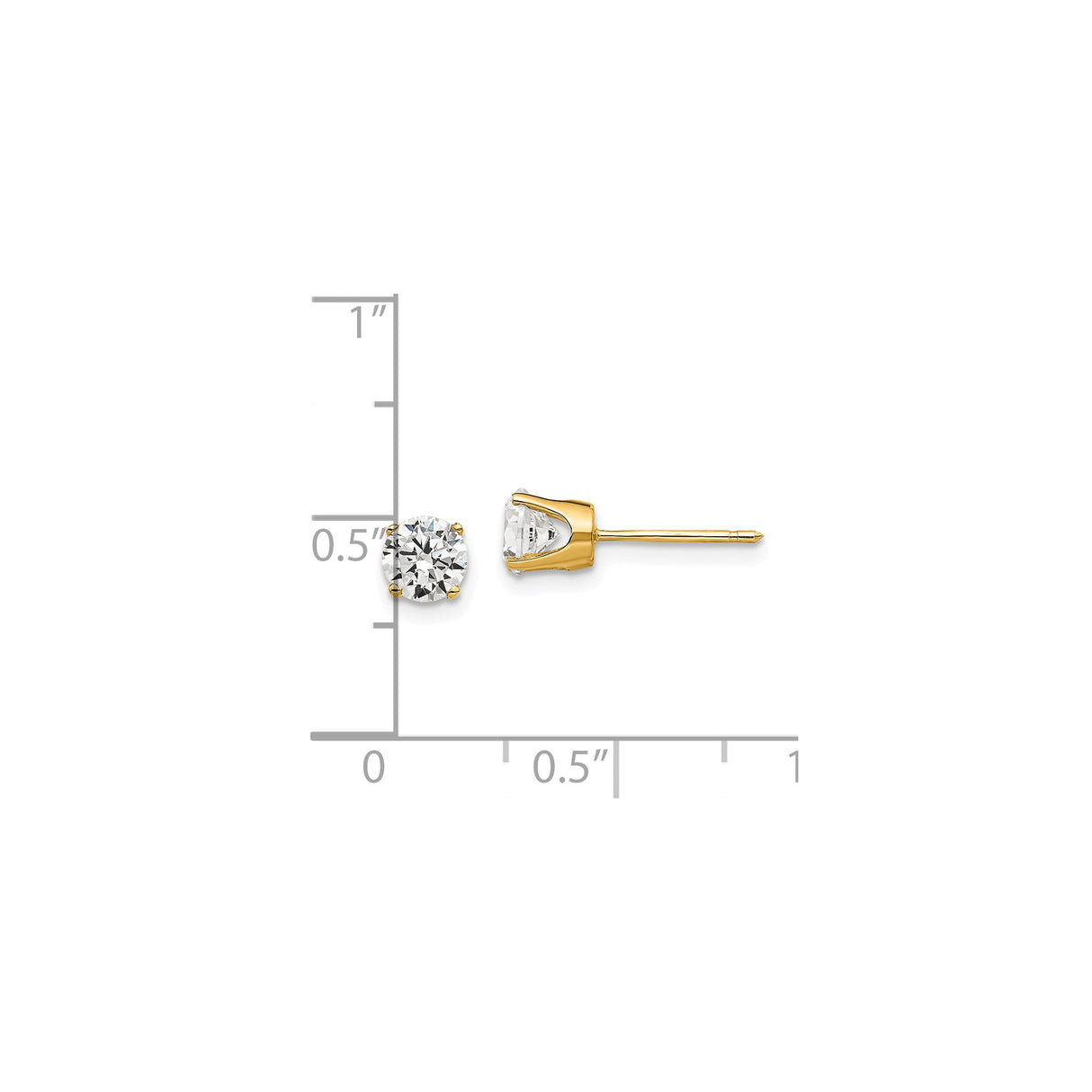 14k Yellow Gold Stud Earrings with Round Cubic Zirconia, Solitaire Four-Prong Setting