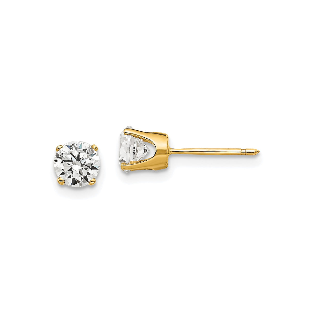 14k Yellow Gold Stud Earrings with Round Cubic Zirconia, Solitaire Four-Prong Setting