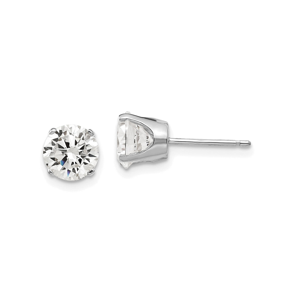 14k White Gold Stud Earrings with Round Cut Cubic Zirconia, Classic Four Prong Solitaire Style