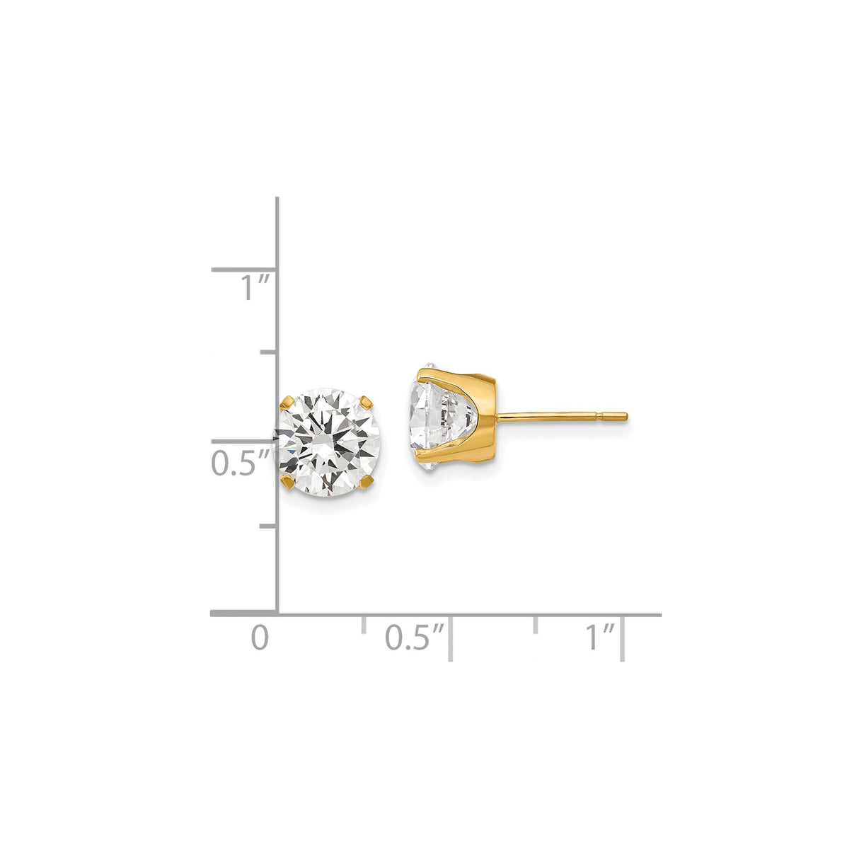 14k Yellow Gold Stud Earrings with Cubic Zirconia, Round Solitaire, Classic Four Prong Setting