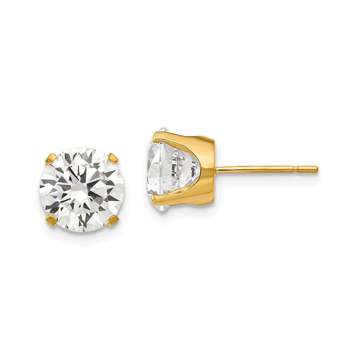 14k Yellow Gold Stud Earrings with Cubic Zirconia, Round Solitaire, Classic Four Prong Setting
