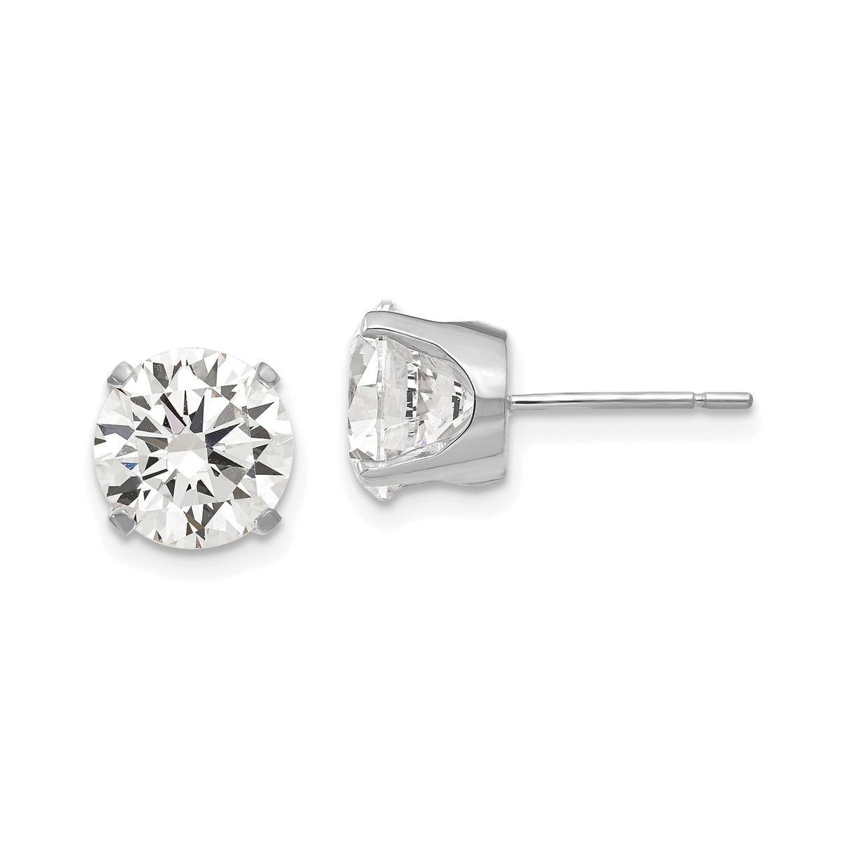 14k White Gold Stud Earrings with Round Cubic Zirconia, Solitaire Four-Prong Setting