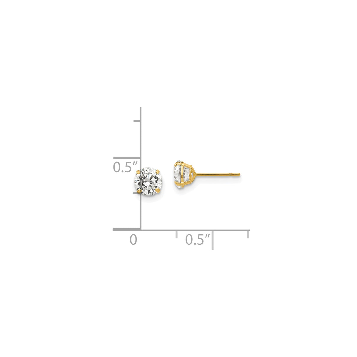 14k Yellow Gold Stud Earrings with Round Cubic Zirconia in Classic Four Prong Solitaire Setting