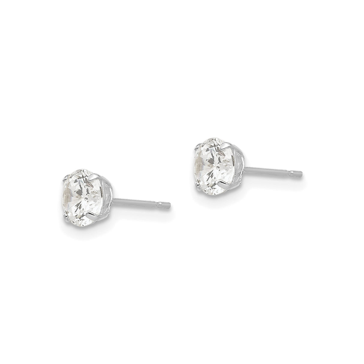 14k White Gold Stud Earrings, Round Cubic Zirconia Solitaire, Four Prong Setting
