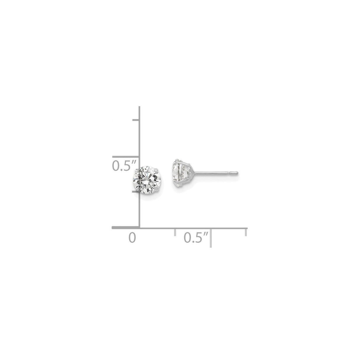 14k White Gold Stud Earrings, Round Cubic Zirconia Solitaire, Four Prong Setting