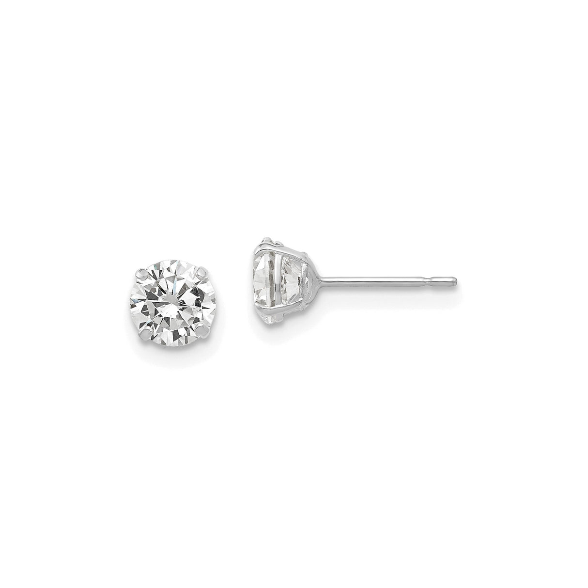 14k White Gold Stud Earrings, Round Cubic Zirconia Solitaire, Four Prong Setting
