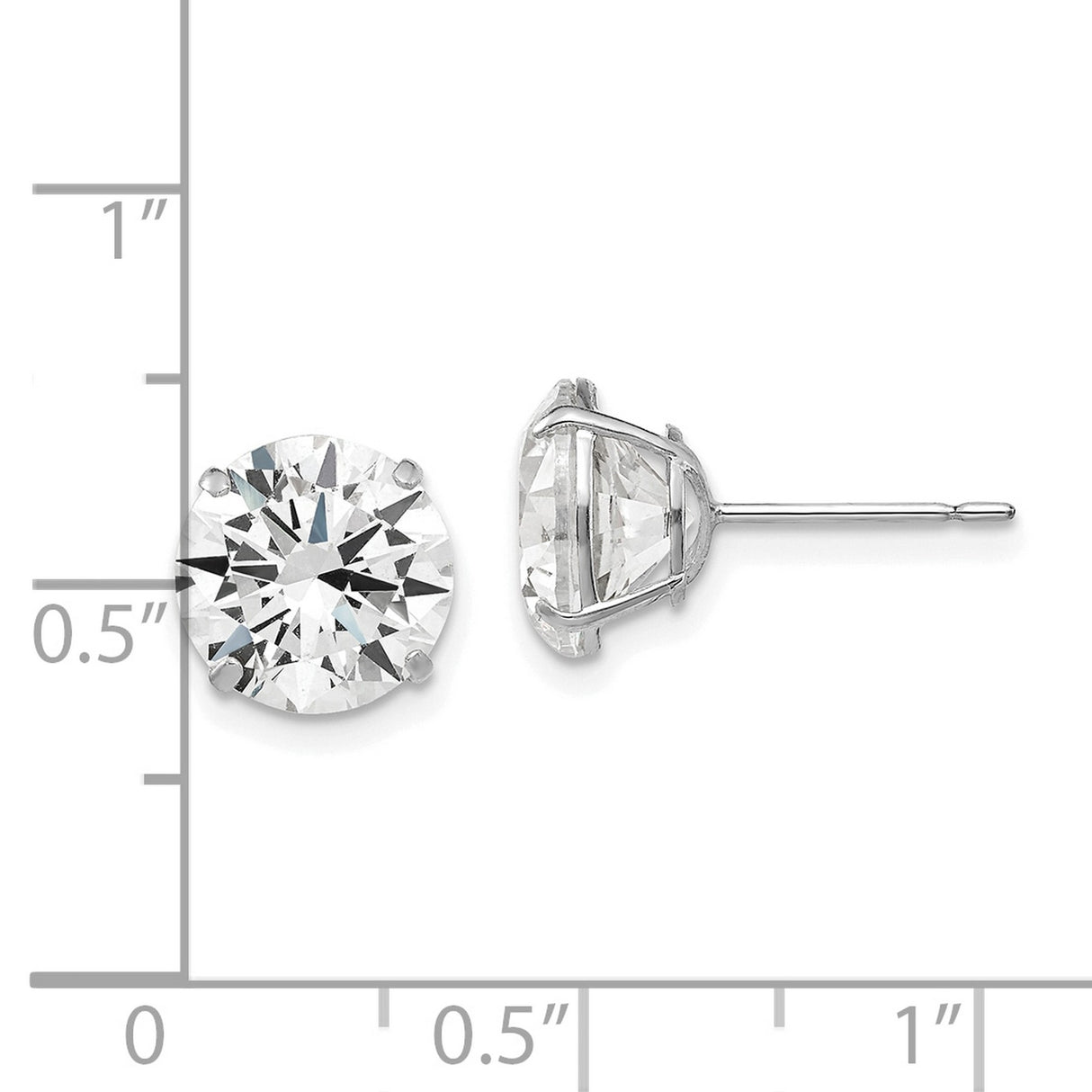 14k White Gold Stud Earrings with Cubic Zirconia, Round Cut Solitaire, Four Prong Setting
