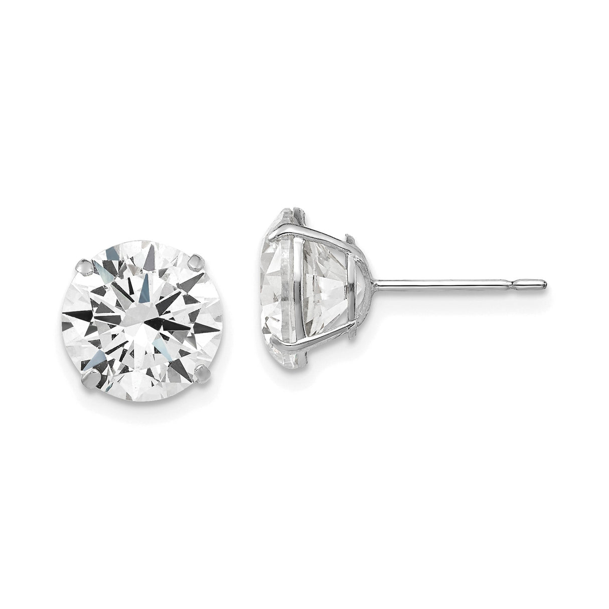 14k White Gold Stud Earrings with Cubic Zirconia, Round Cut Solitaire, Four Prong Setting