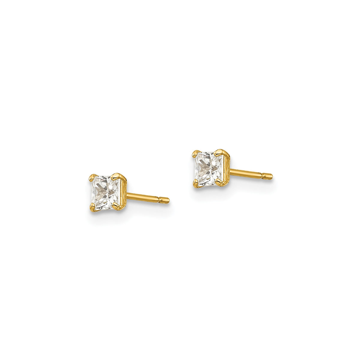 14k Yellow Gold Stud Earrings with Cubic Zirconia, Square Princess Cut, Four Prong Design