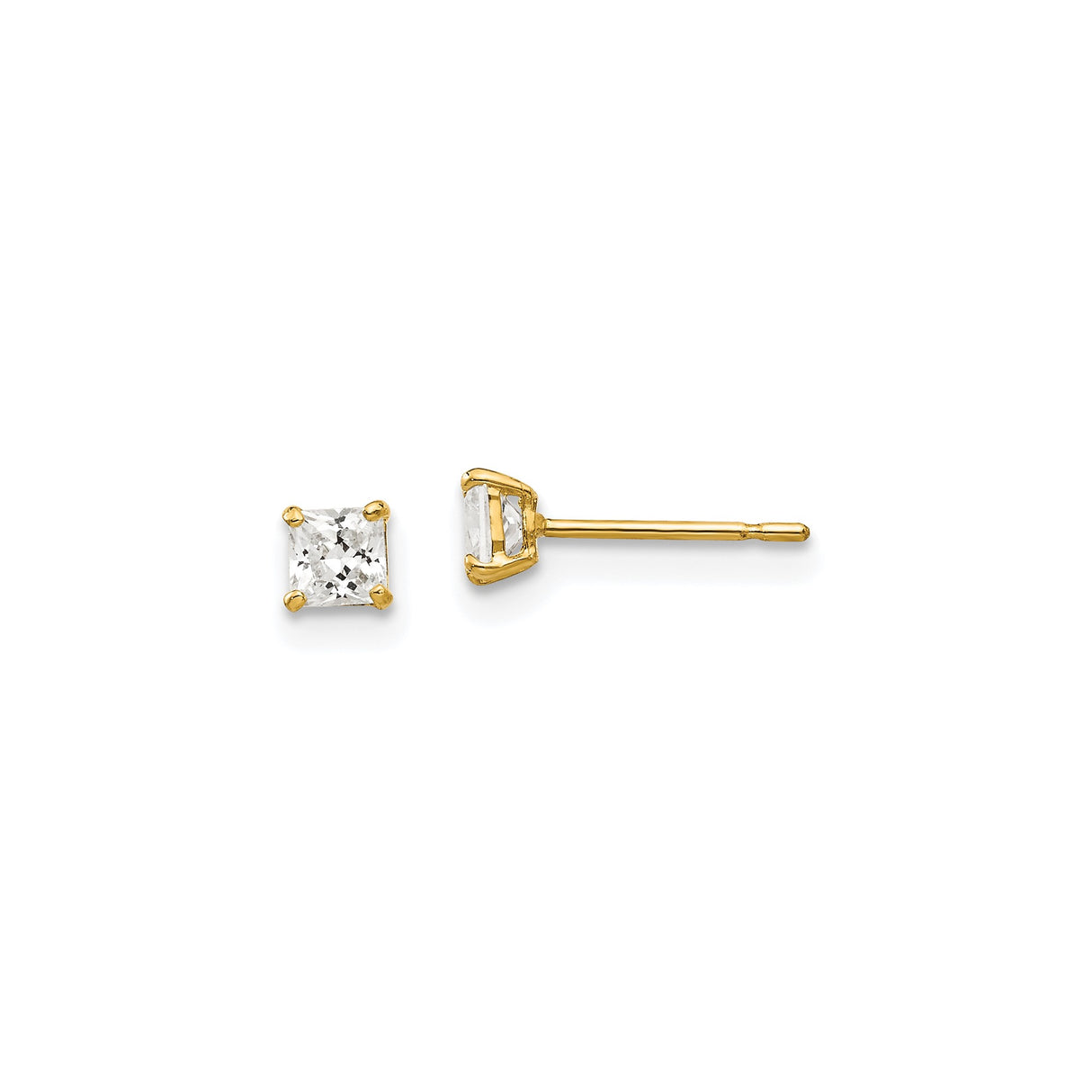 14k Yellow Gold Stud Earrings with Cubic Zirconia, Square Princess Cut, Four Prong Design