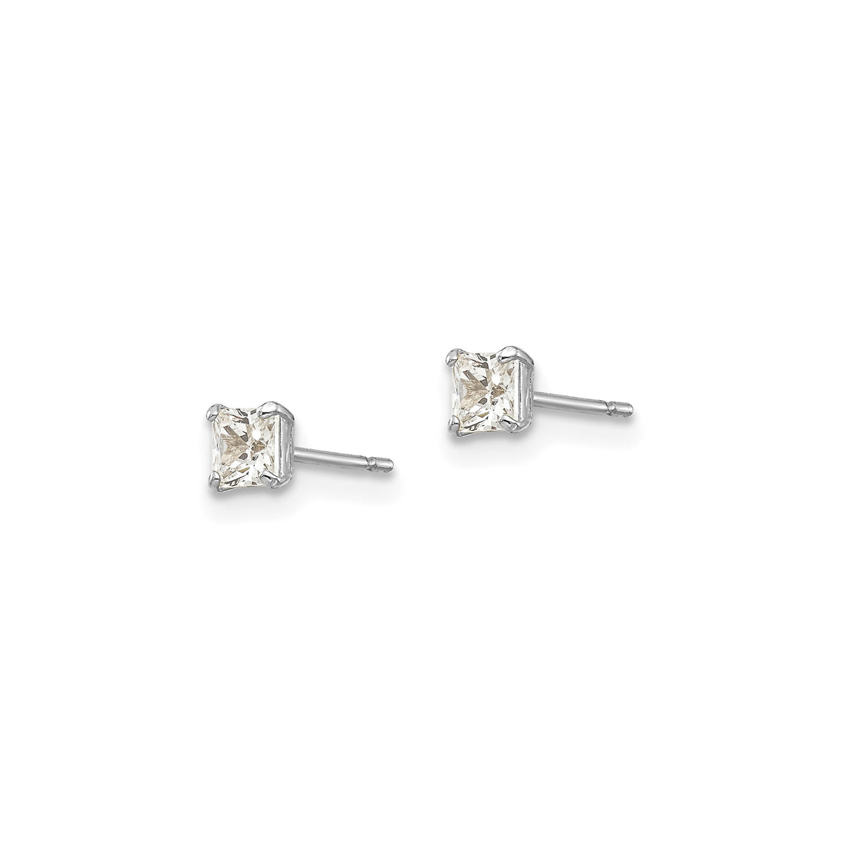 14k White Gold Princess Cut Cubic Zirconia Stud Earrings, Four Prong Solitaire Design
