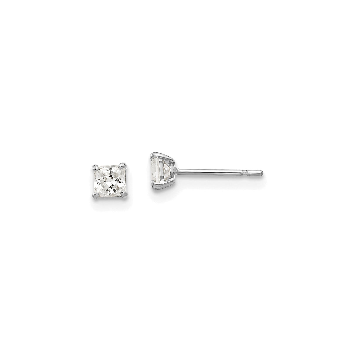 14k White Gold Princess Cut Cubic Zirconia Stud Earrings, Four Prong Solitaire Design