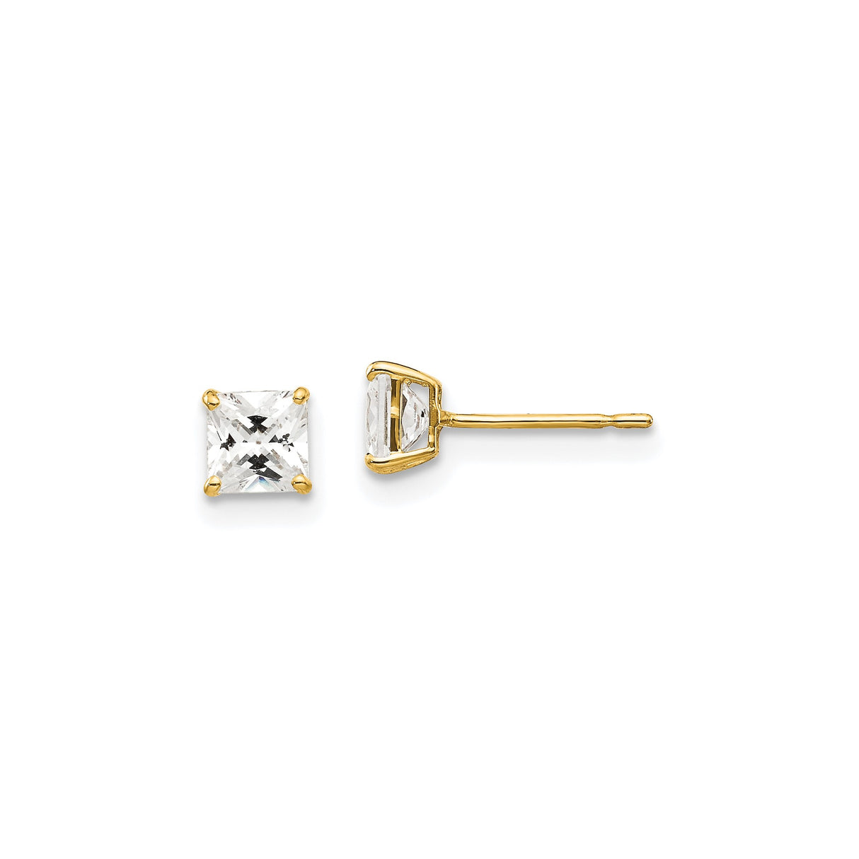 14k Yellow Gold Stud Earrings with Square Cut Cubic Zirconia, Minimalist Four-Prong Design