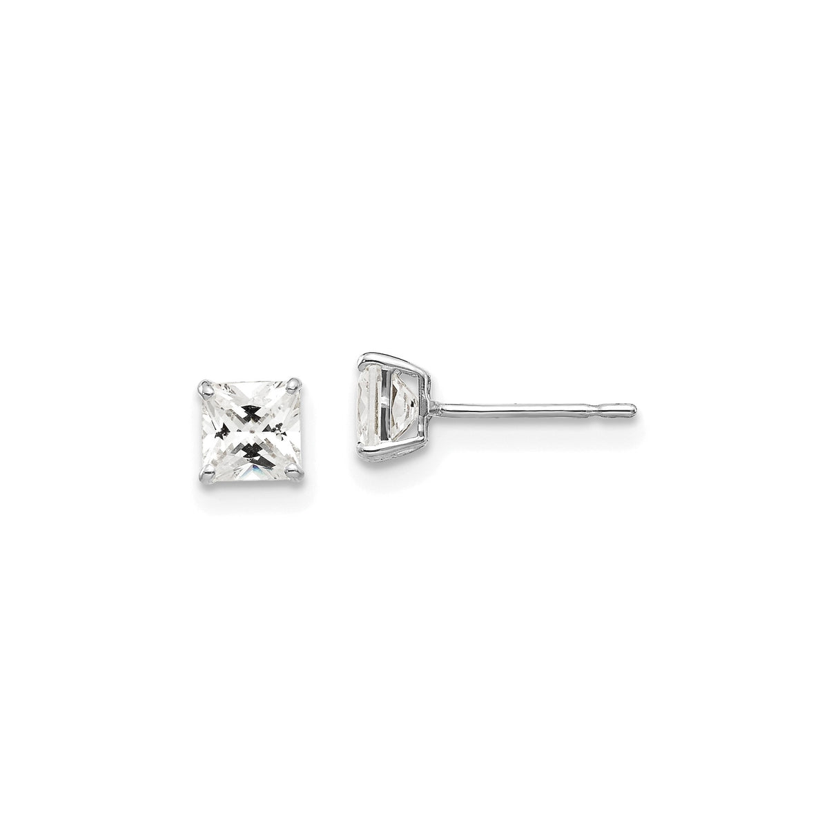 14k White Gold Princess Cut Stud Earrings with Cubic Zirconia, Minimalist Square Design