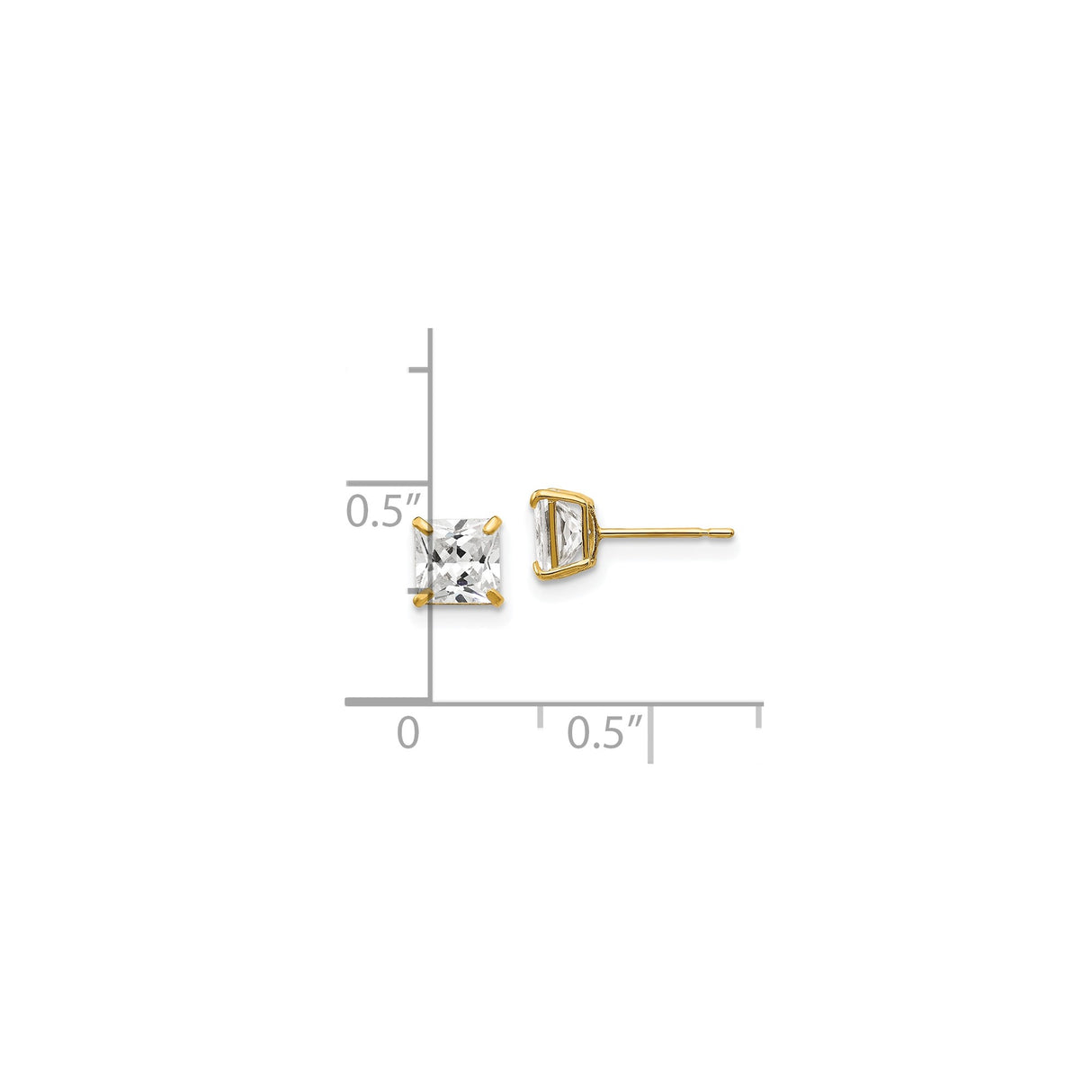 14k Yellow Gold Stud Earrings with Square Princess Cut Cubic Zirconia, Classic Four Prong Setting