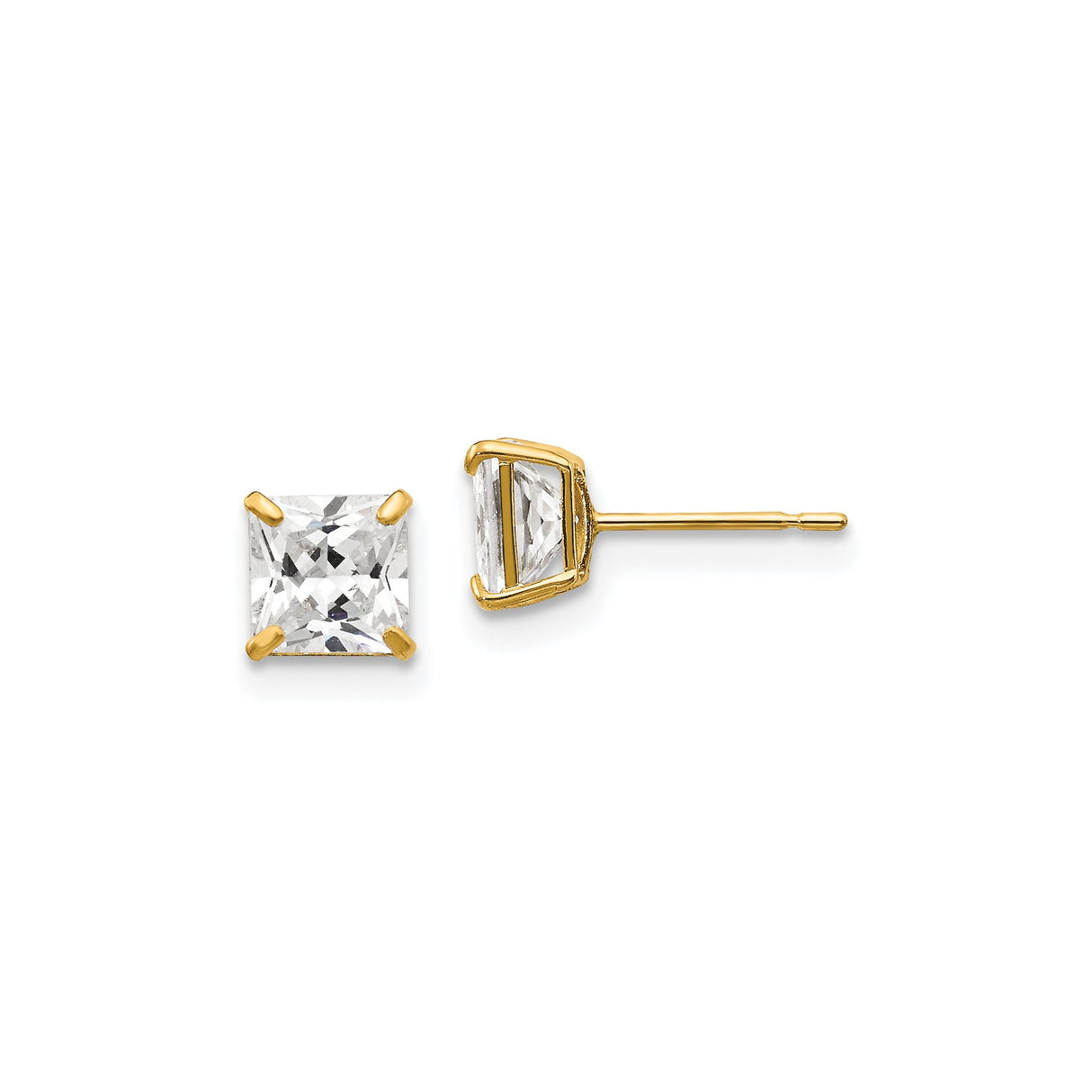 14k Yellow Gold Stud Earrings with Square Princess Cut Cubic Zirconia, Classic Four Prong Setting