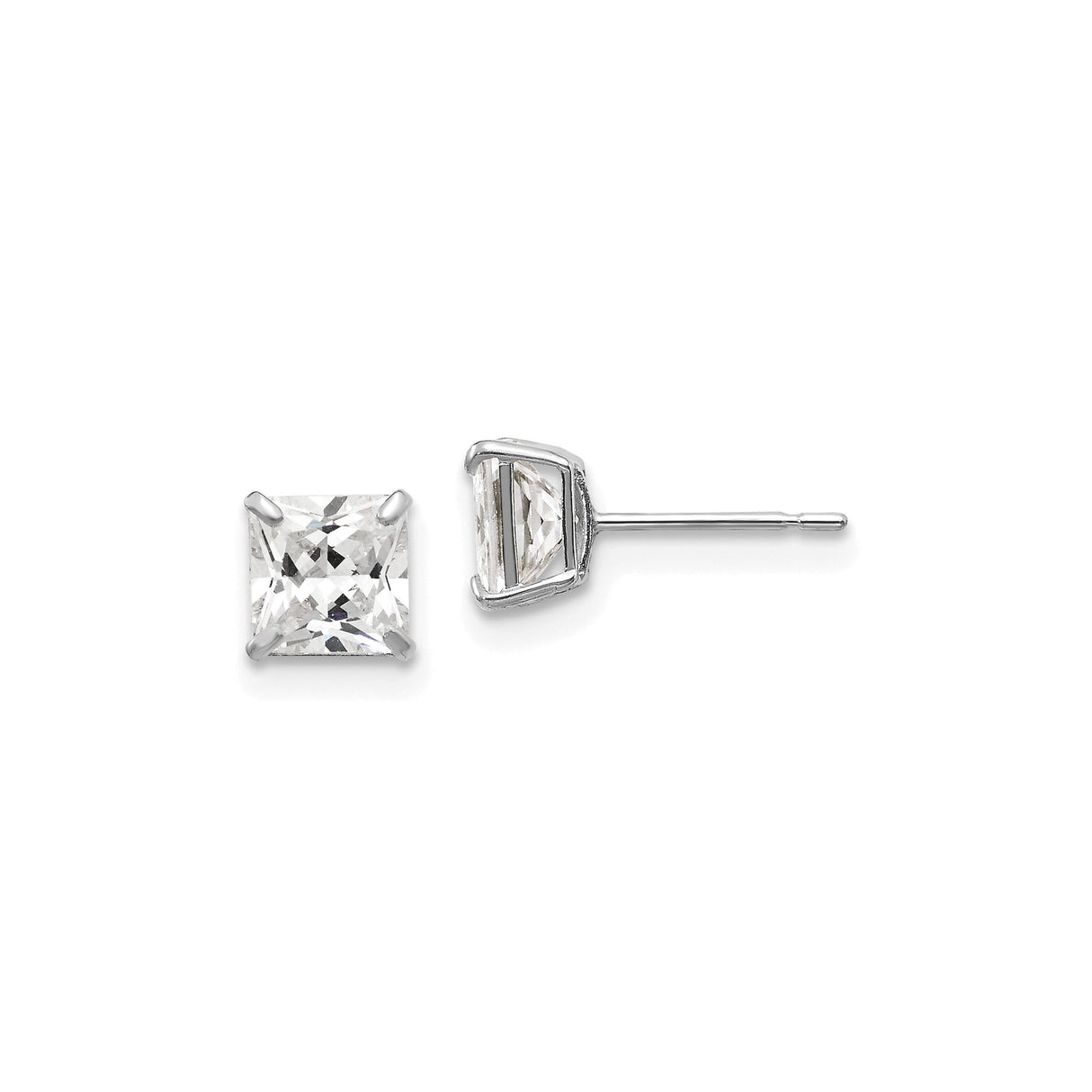 14k White Gold Stud Earrings with Square Princess Cut Cubic Zirconia, Classic Minimalist Design