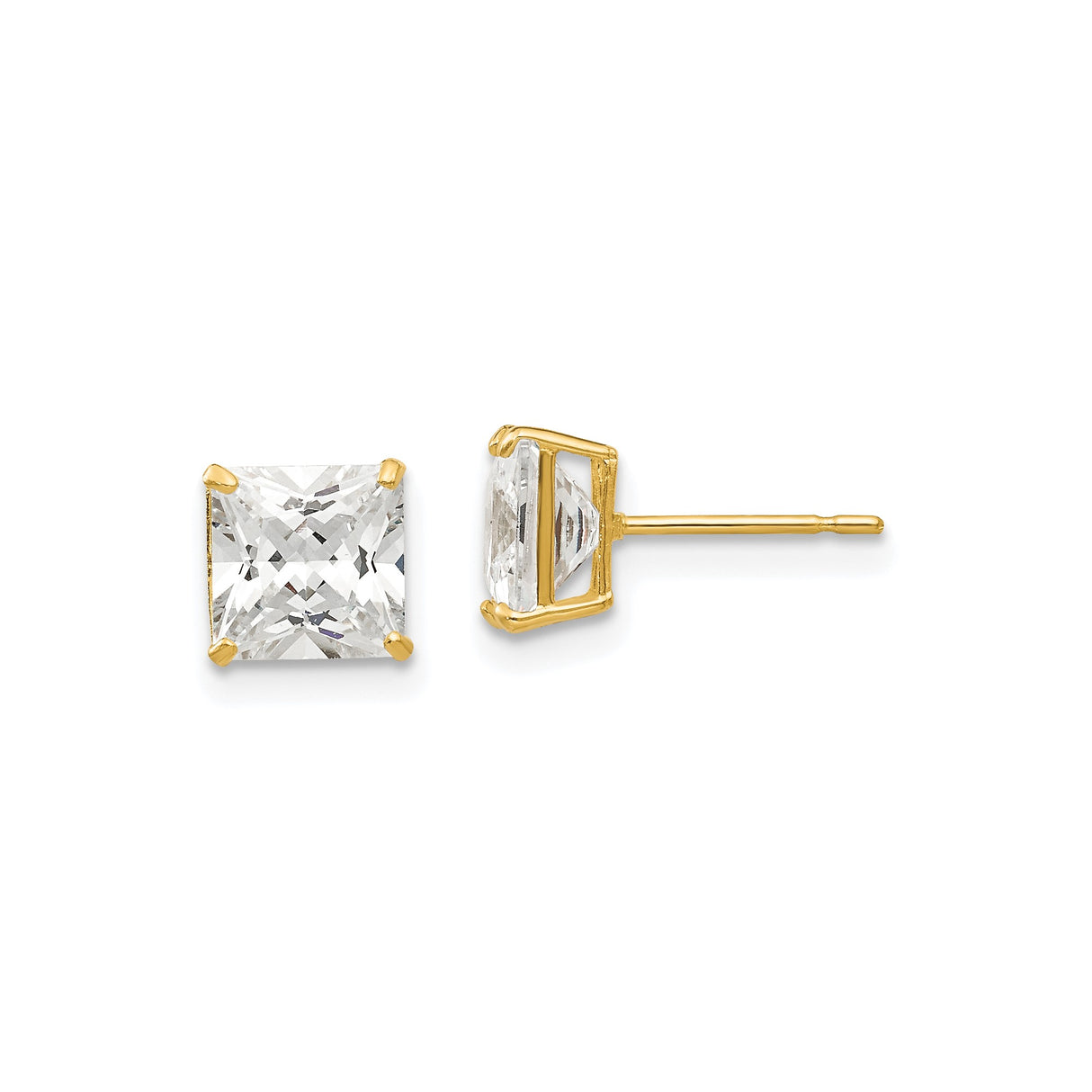 14k Yellow Gold Princess Cut Stud Earrings with Clear Cubic Zirconia, Minimalist Square Design
